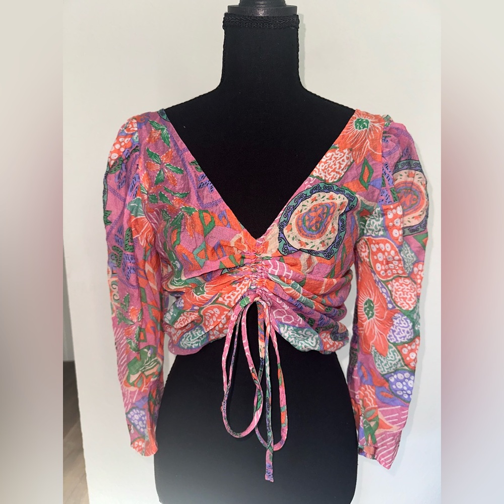 Floral V-Neck Ruched Cropped Drawstring Long Sleeve Blouse Size S - Multicolor